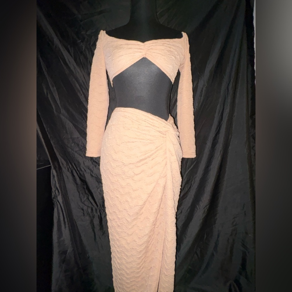 Tan Long Sleeve Cropped Top and Split Side Knotted Skirt Set